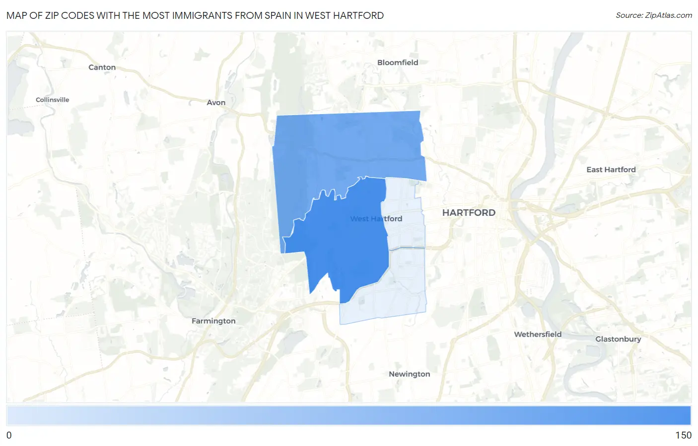 Zip Codes with the Most Immigrants from Spain in West Hartford Map
