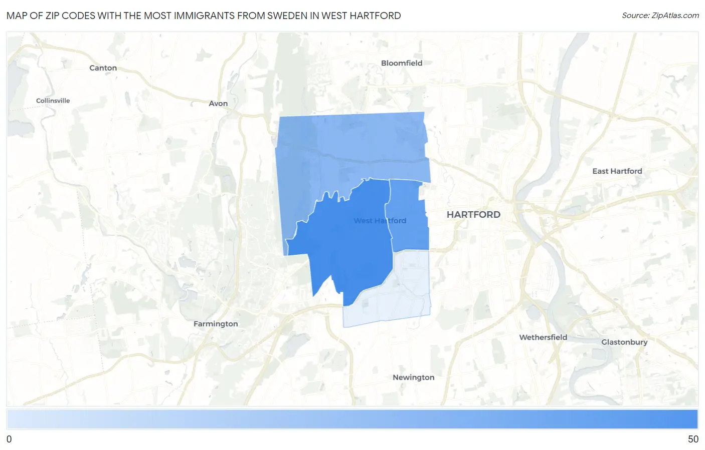 Zip Codes with the Most Immigrants from Sweden in West Hartford Map