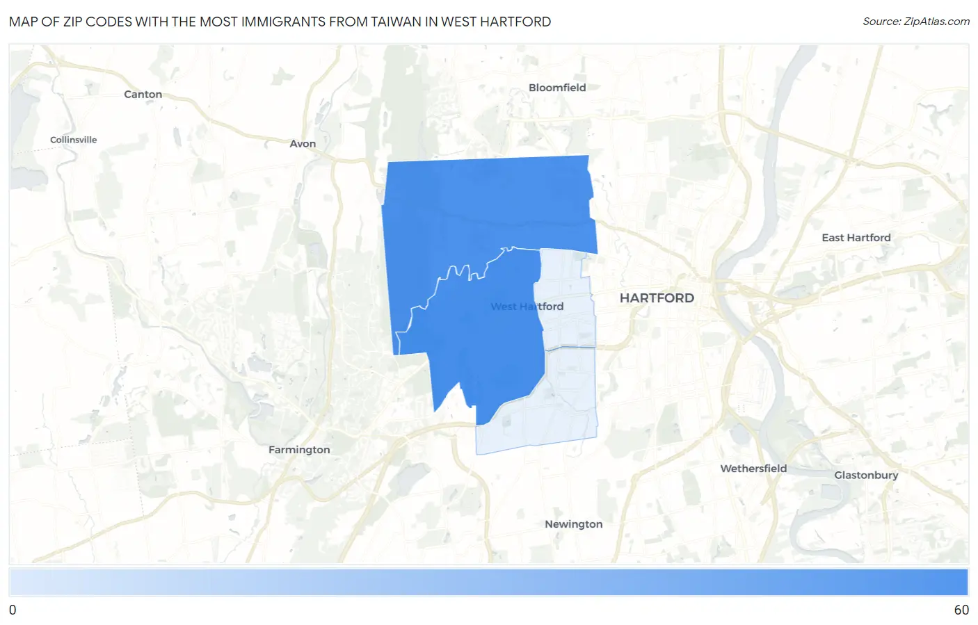 Zip Codes with the Most Immigrants from Taiwan in West Hartford Map