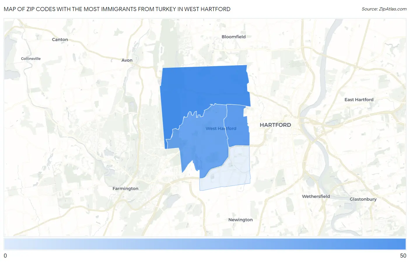 Zip Codes with the Most Immigrants from Turkey in West Hartford Map