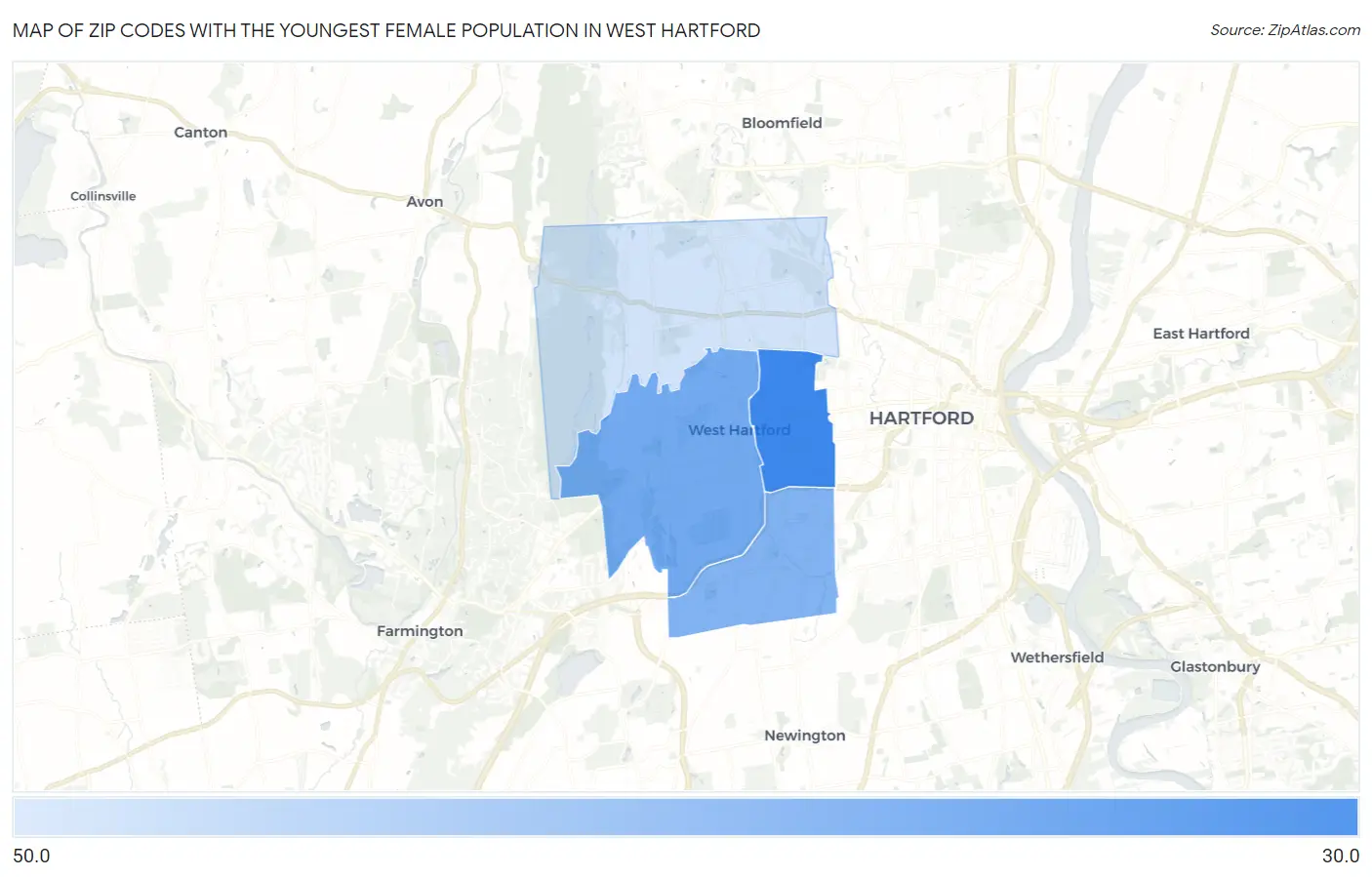 Zip Codes with the Youngest Female Population in West Hartford Map