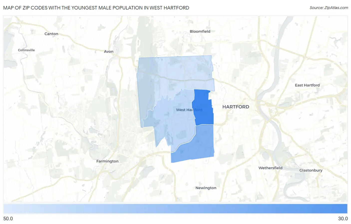 Zip Codes with the Youngest Male Population in West Hartford Map