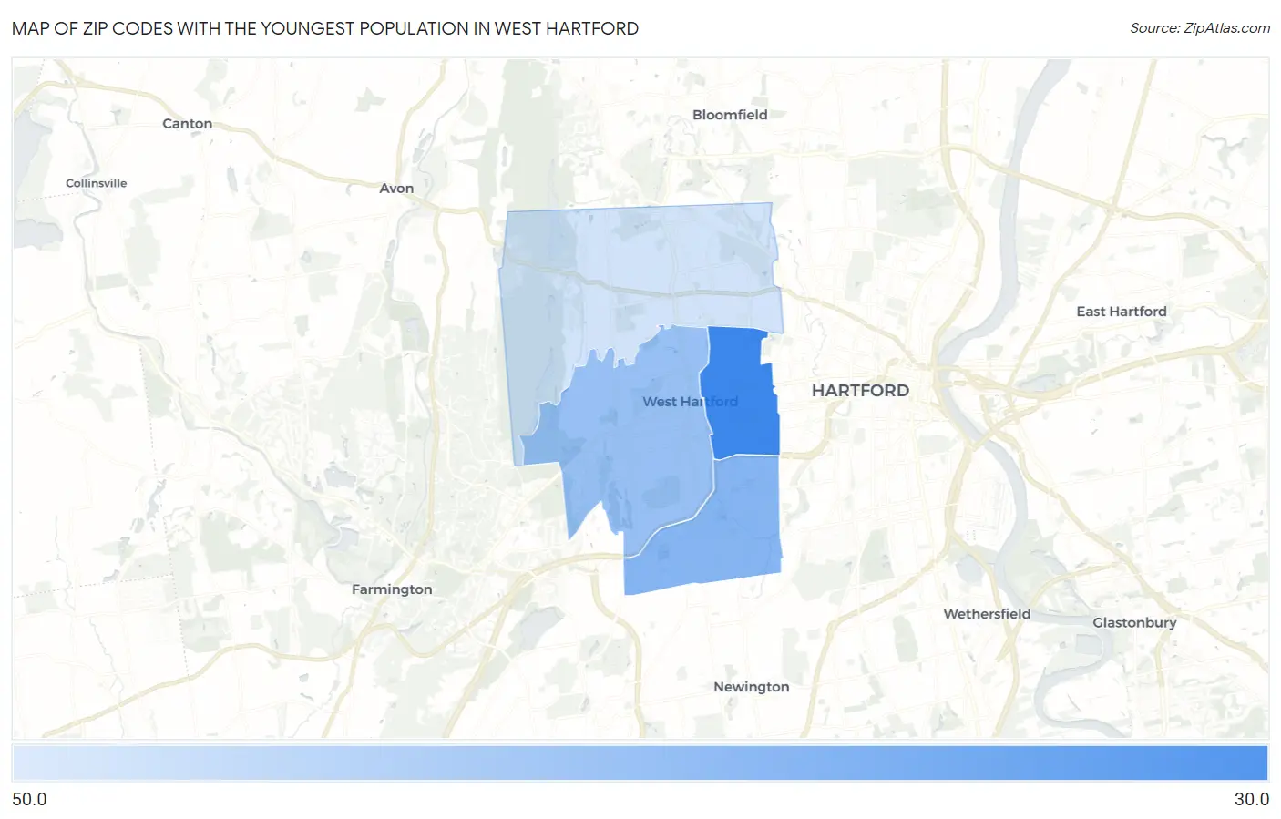 Zip Codes with the Youngest Population in West Hartford Map