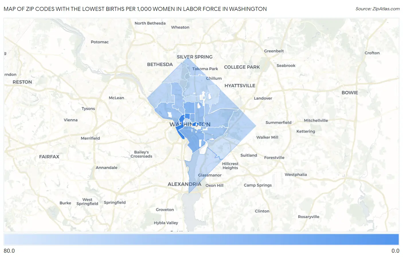 Zip Codes with the Lowest Births per 1,000 Women in Labor Force in Washington Map