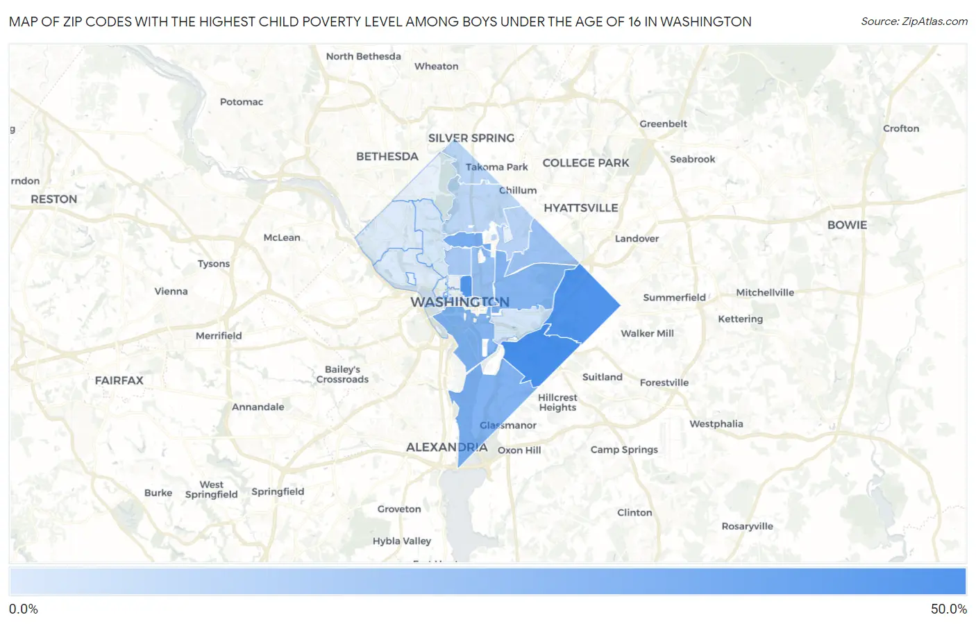 Zip Codes with the Highest Child Poverty Level Among Boys Under the Age of 16 in Washington Map