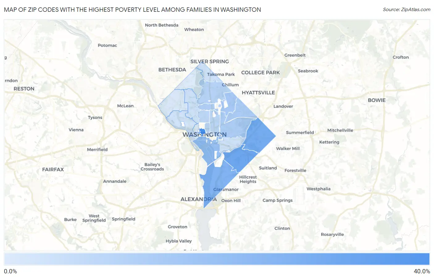 Zip Codes with the Highest Poverty Level Among Families in Washington Map