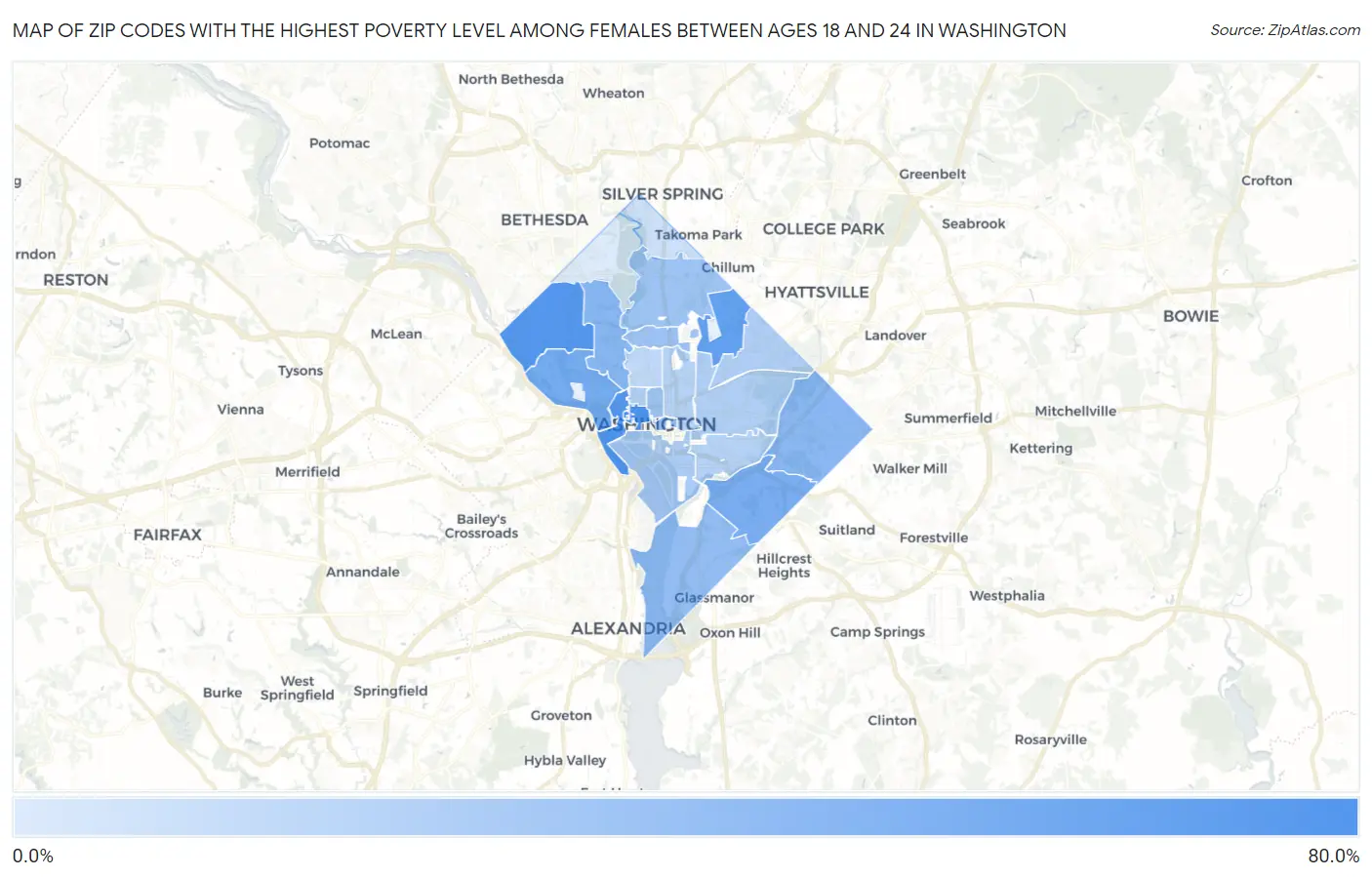 Zip Codes with the Highest Poverty Level Among Females Between Ages 18 and 24 in Washington Map