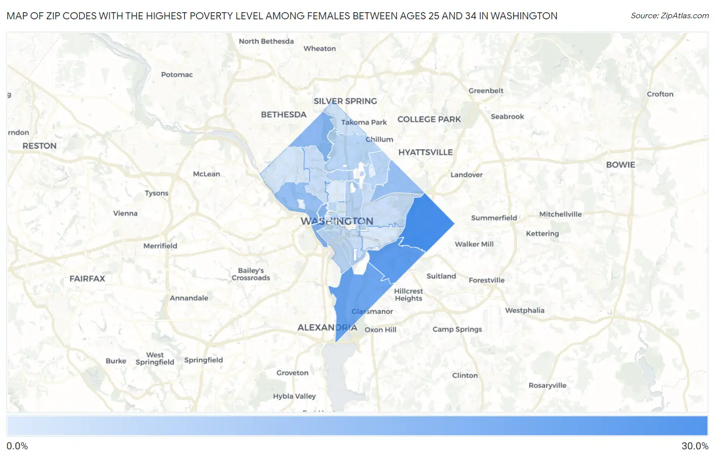 Zip Codes with the Highest Poverty Level Among Females Between Ages 25 and 34 in Washington Map