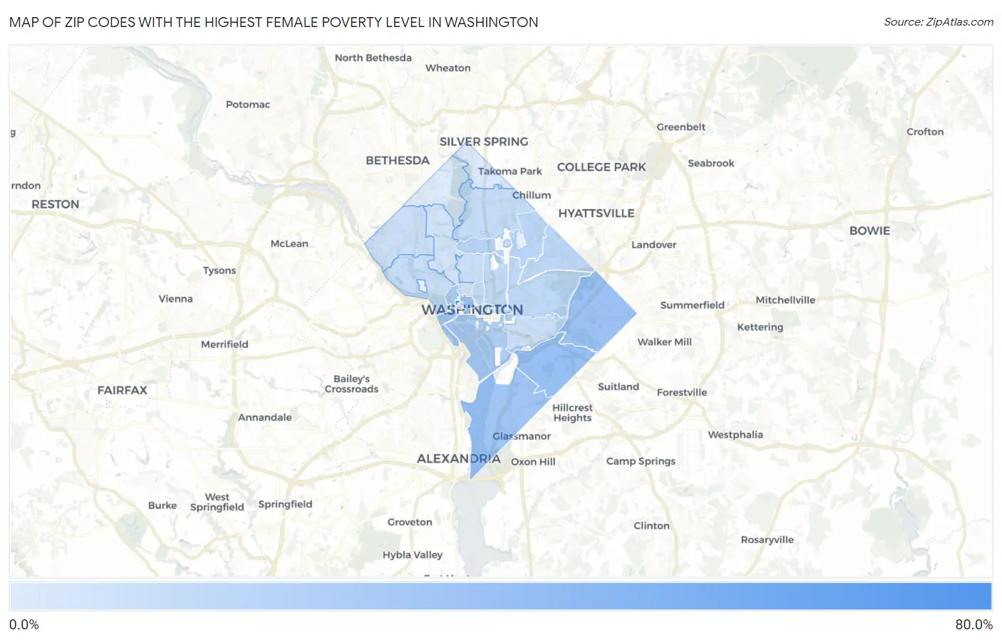 Zip Codes with the Highest Female Poverty Level in Washington Map