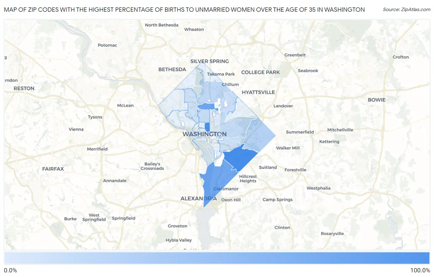 Zip Codes with the Highest Percentage of Births to Unmarried Women over the Age of 35 in Washington Map