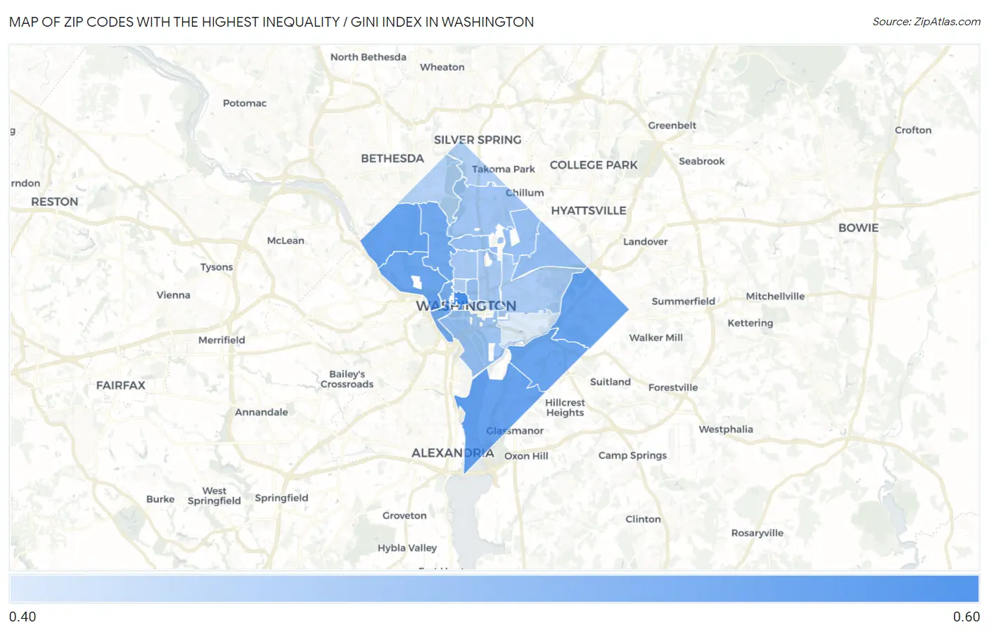 Zip Codes with the Highest Inequality / Gini Index in Washington Map