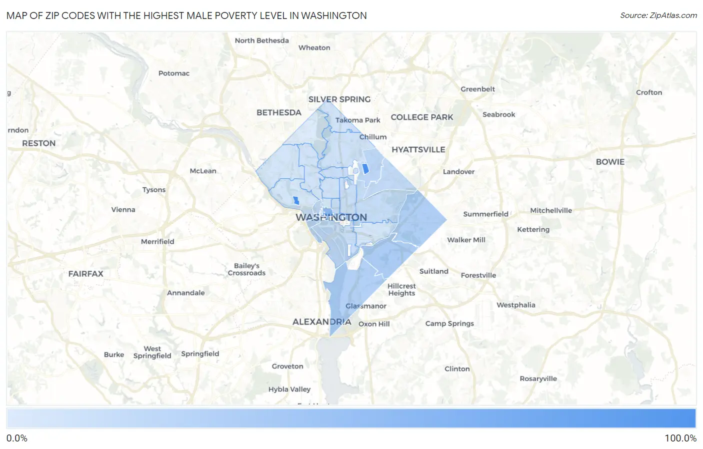 Zip Codes with the Highest Male Poverty Level in Washington Map