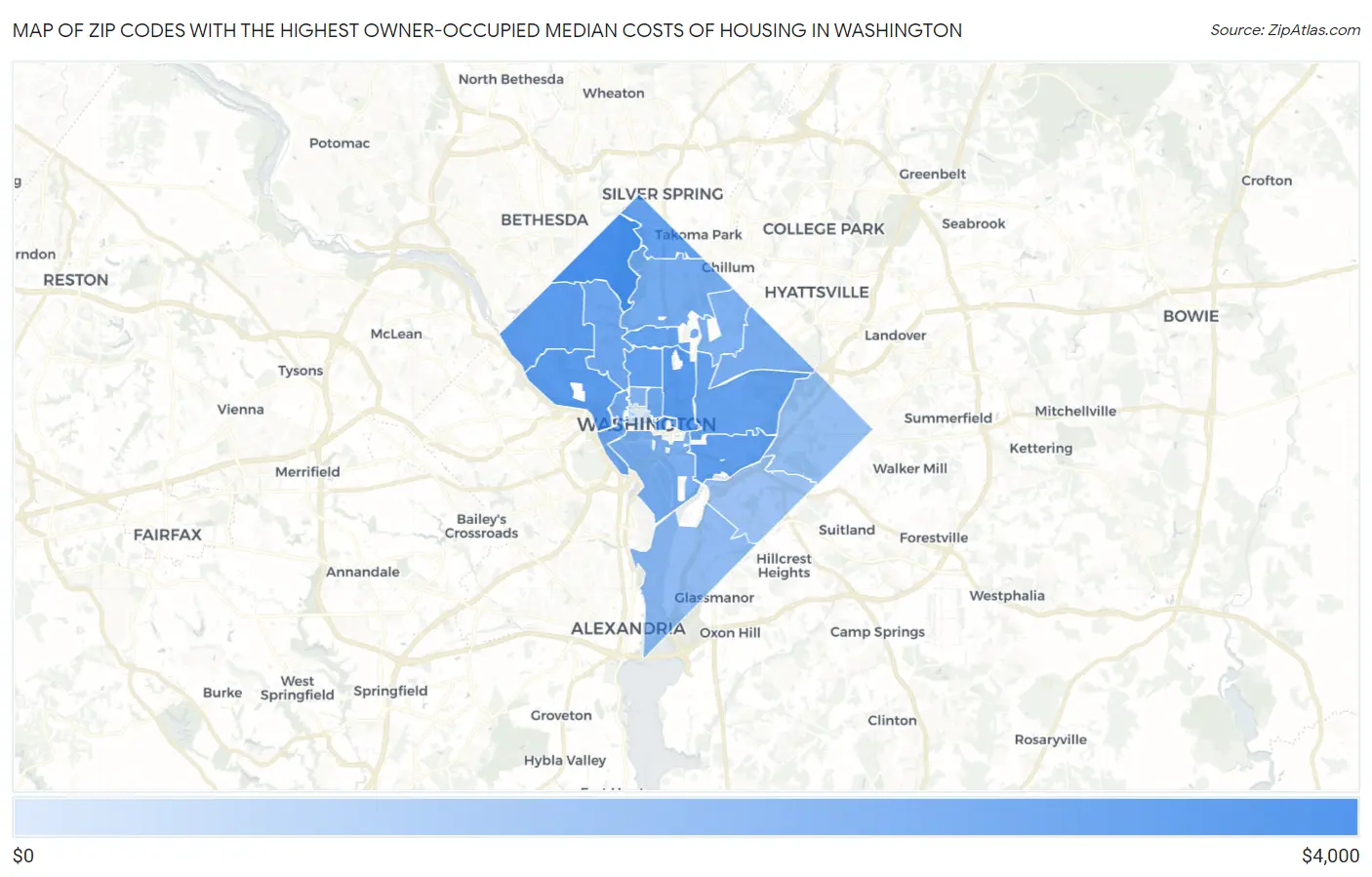 Zip Codes with the Highest Owner-Occupied Median Costs of Housing in Washington Map