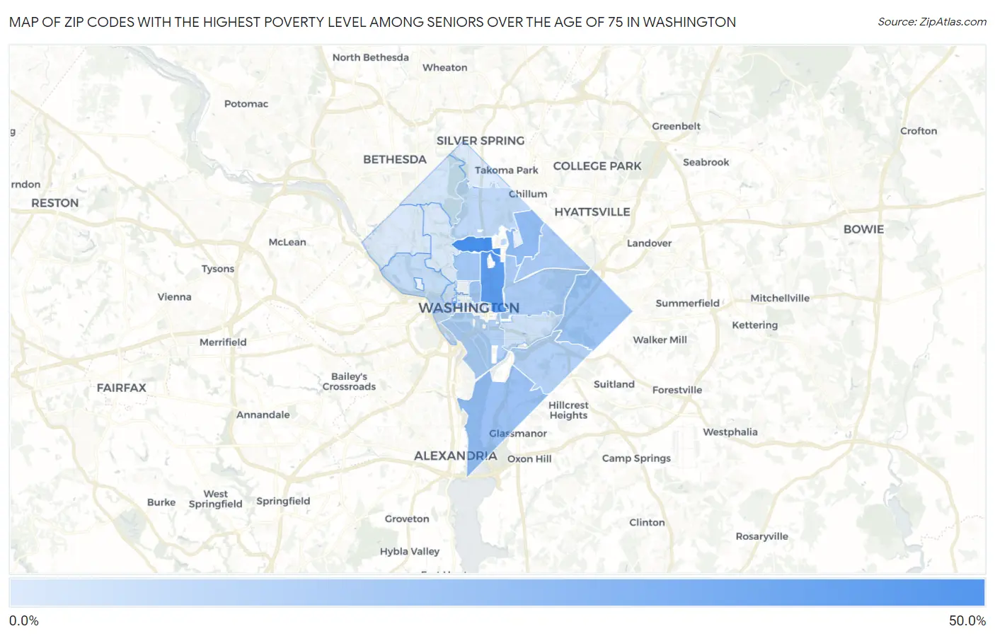 Zip Codes with the Highest Poverty Level Among Seniors Over the Age of 75 in Washington Map