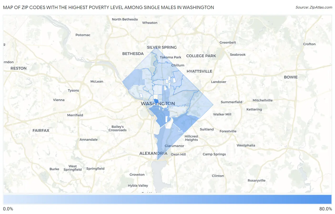 Zip Codes with the Highest Poverty Level Among Single Males in Washington Map