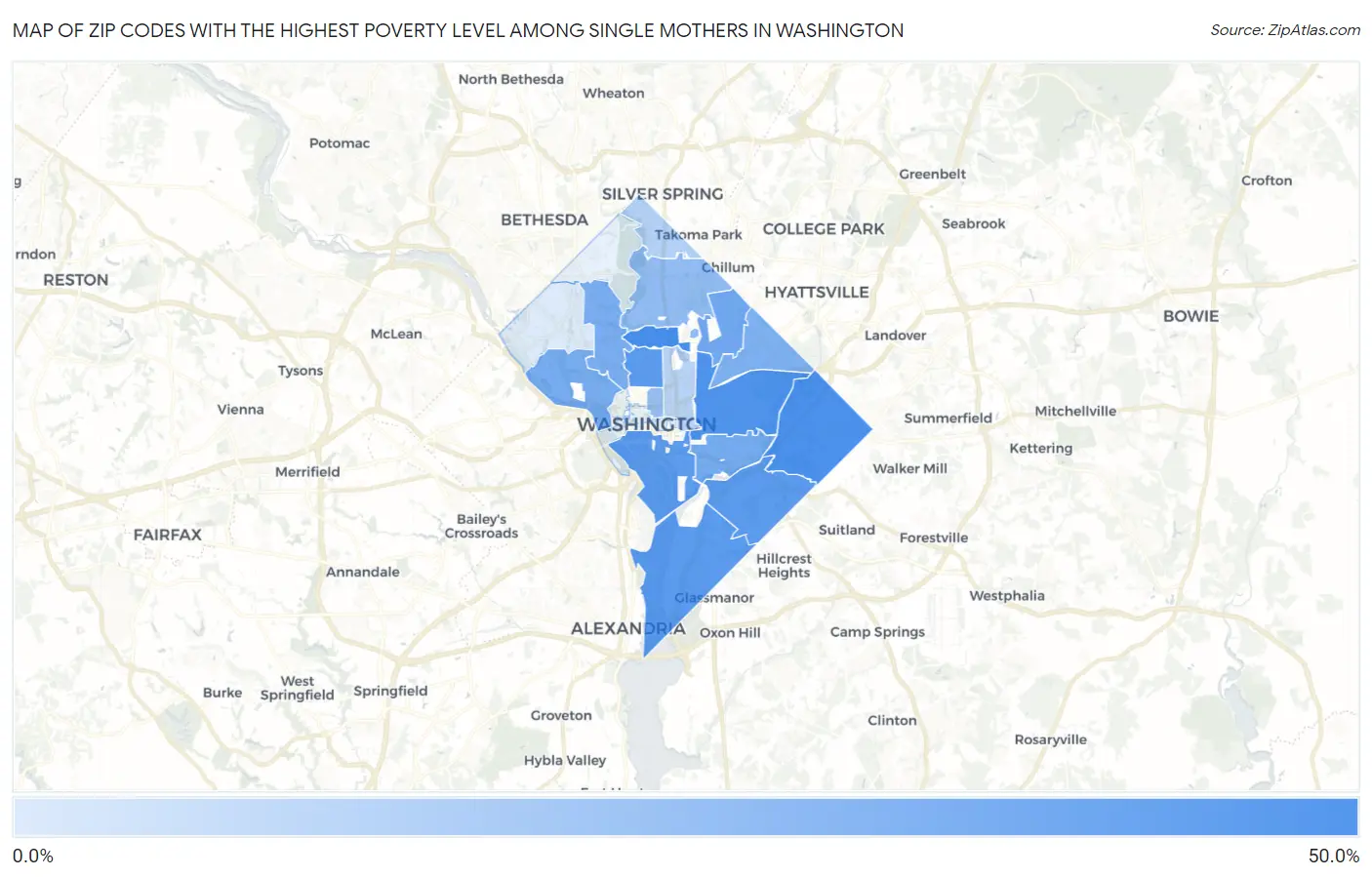 Zip Codes with the Highest Poverty Level Among Single Mothers in Washington Map