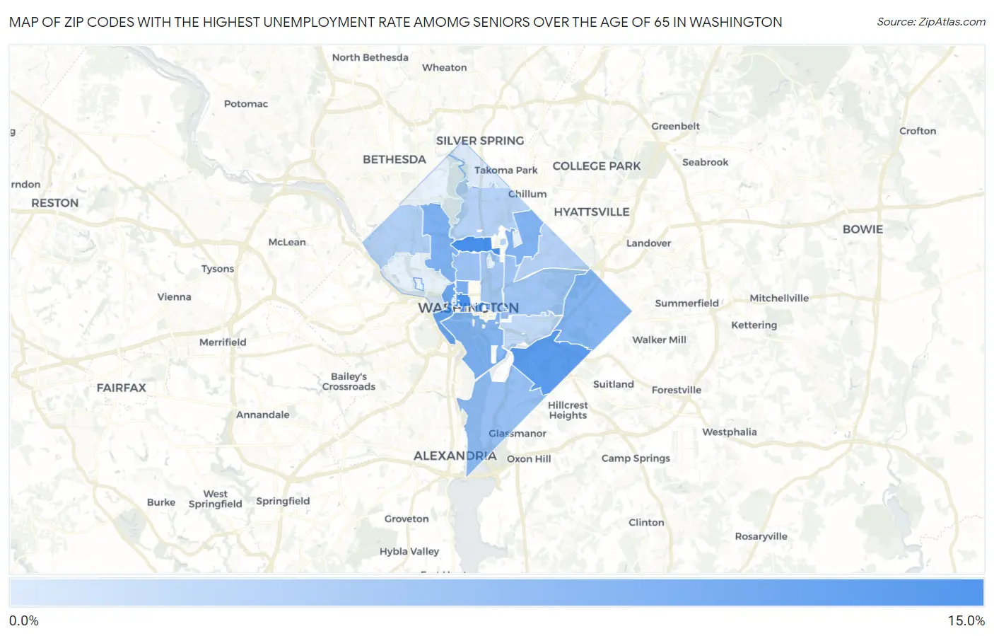 Zip Codes with the Highest Unemployment Rate Amomg Seniors Over the Age of 65 in Washington Map