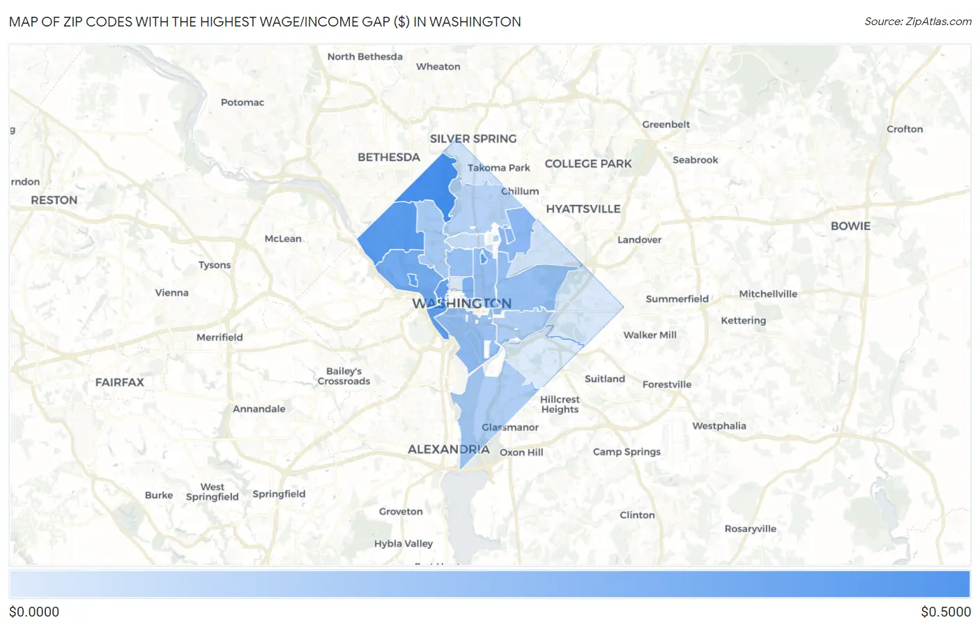 Zip Codes with the Highest Wage/Income Gap ($) in Washington Map