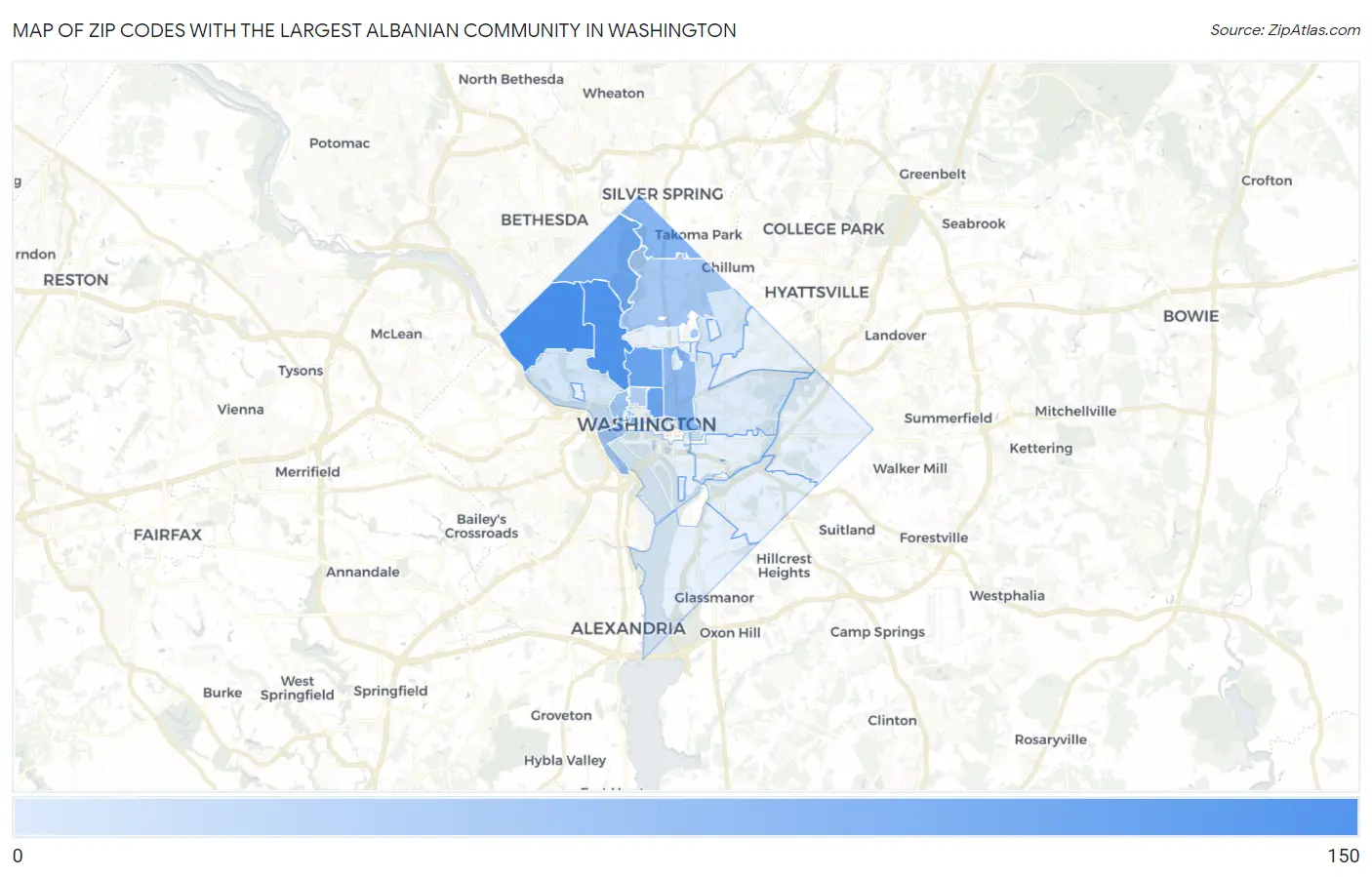 Zip Codes with the Largest Albanian Community in Washington Map