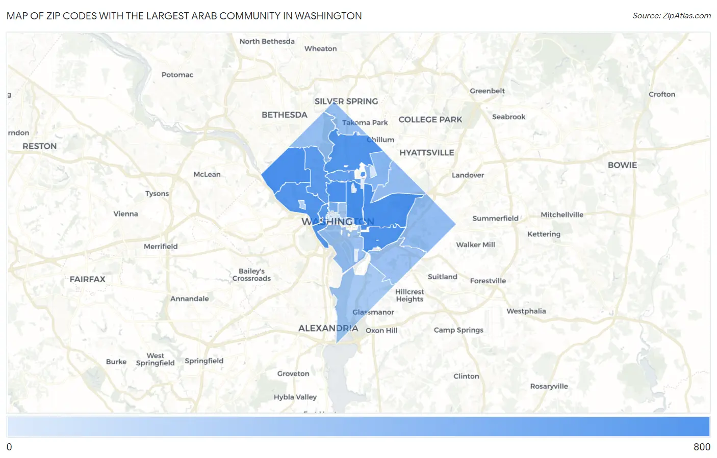 Zip Codes with the Largest Arab Community in Washington Map