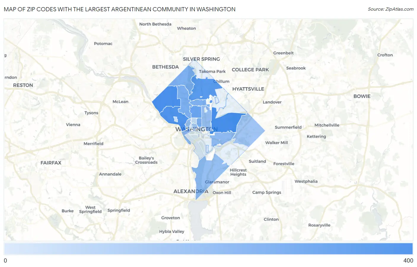 Zip Codes with the Largest Argentinean Community in Washington Map