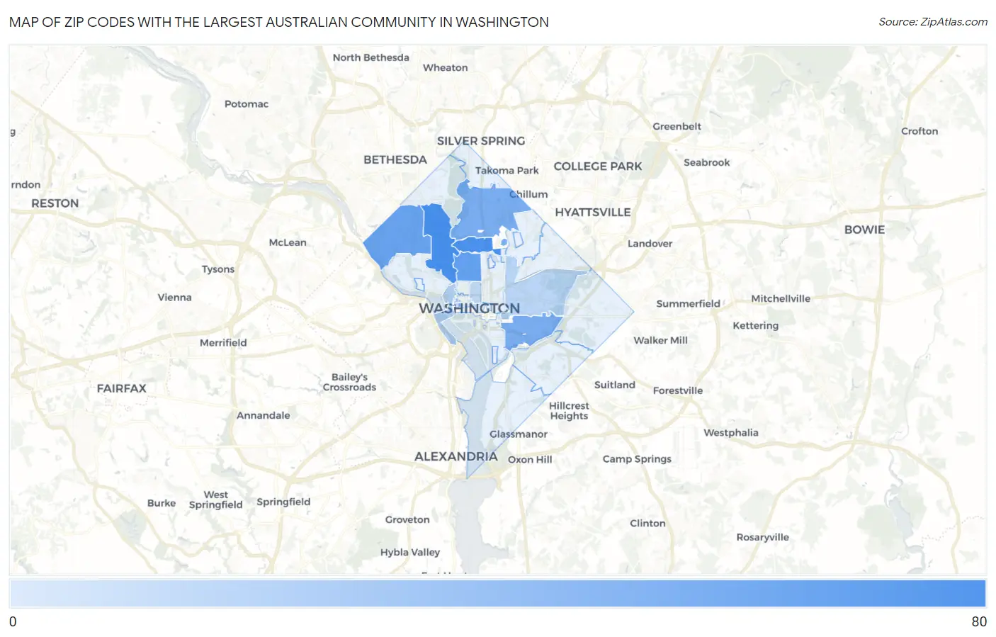 Zip Codes with the Largest Australian Community in Washington Map