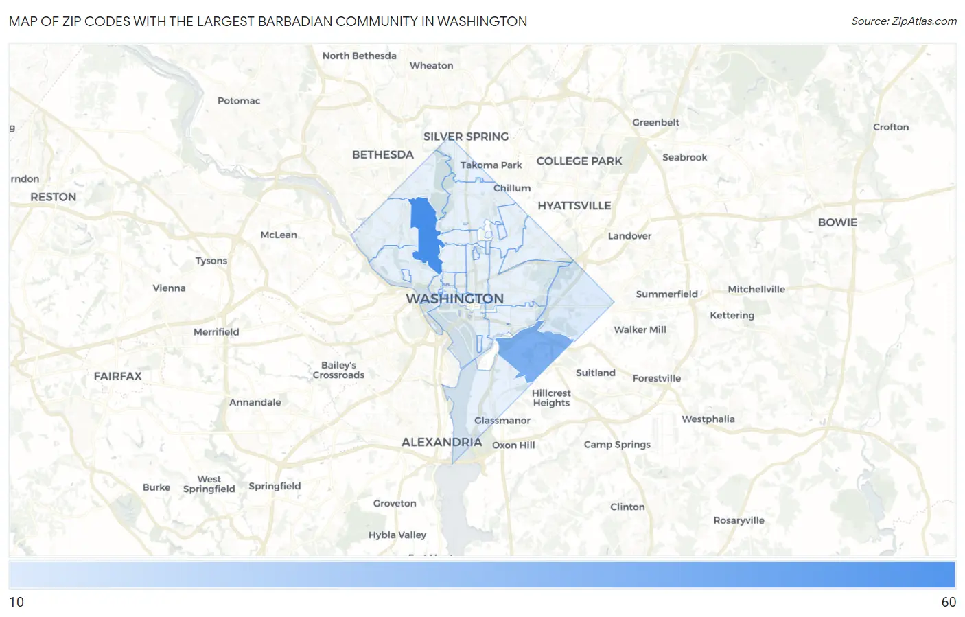 Zip Codes with the Largest Barbadian Community in Washington Map