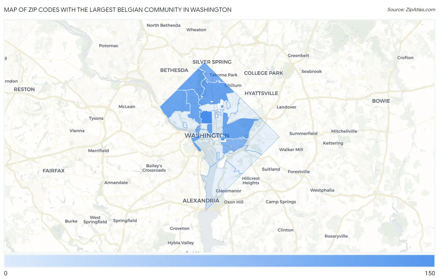 Zip Codes with the Largest Belgian Community in Washington Map