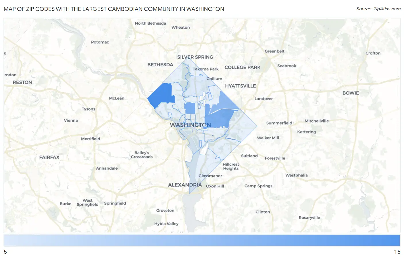 Zip Codes with the Largest Cambodian Community in Washington Map