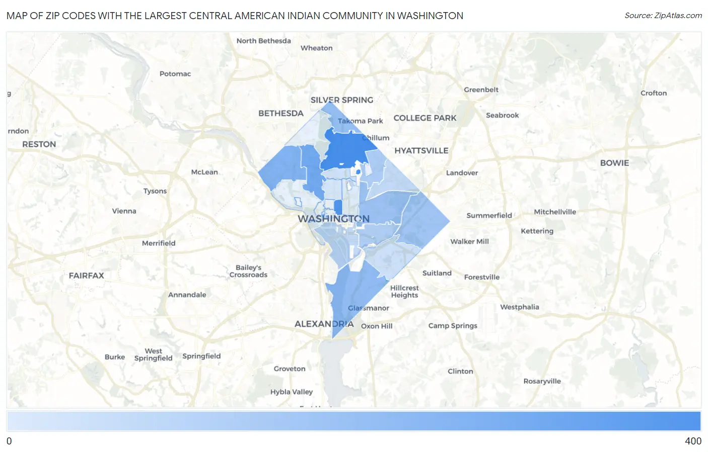 Zip Codes with the Largest Central American Indian Community in Washington Map