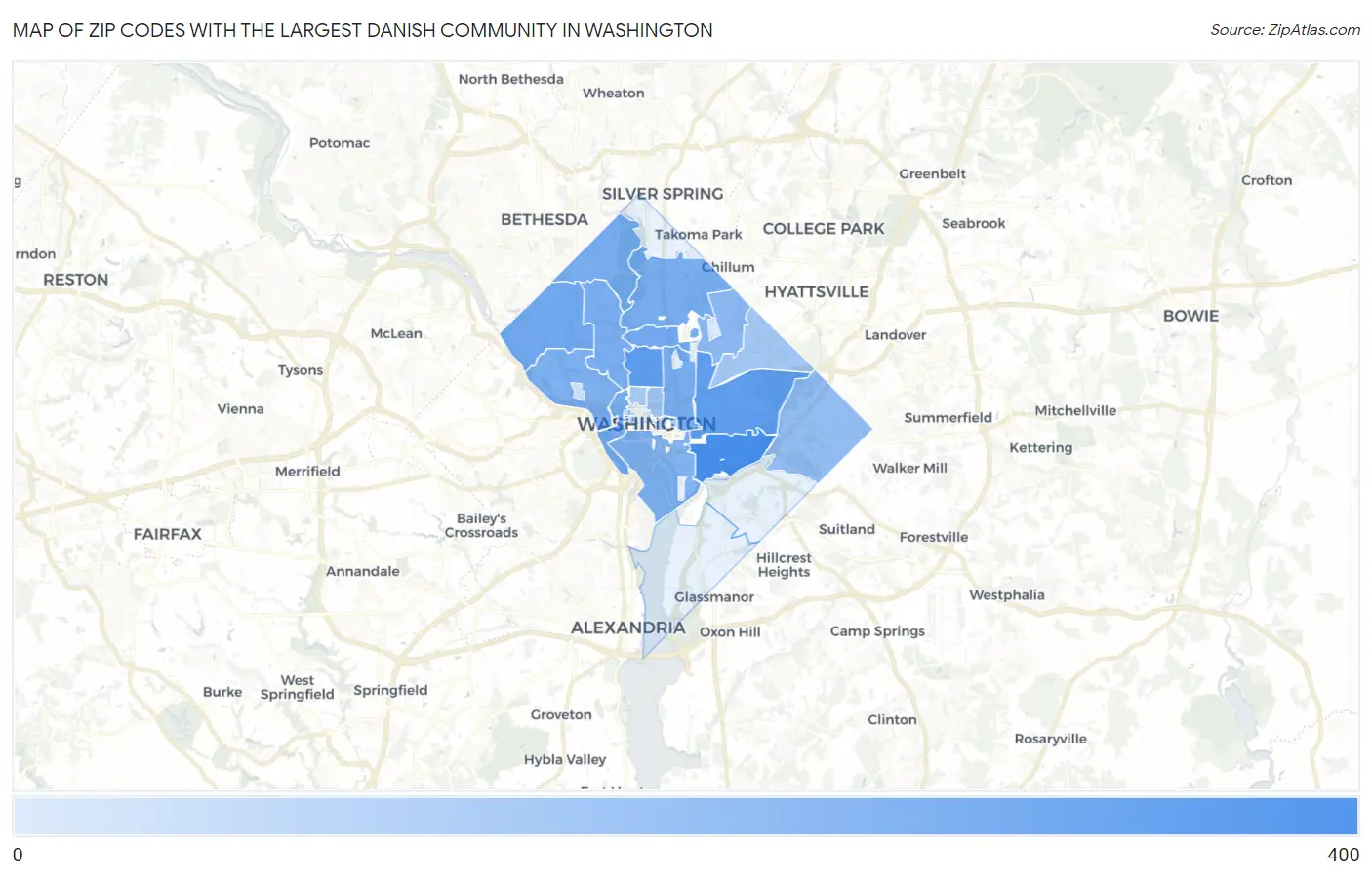 Zip Codes with the Largest Danish Community in Washington Map