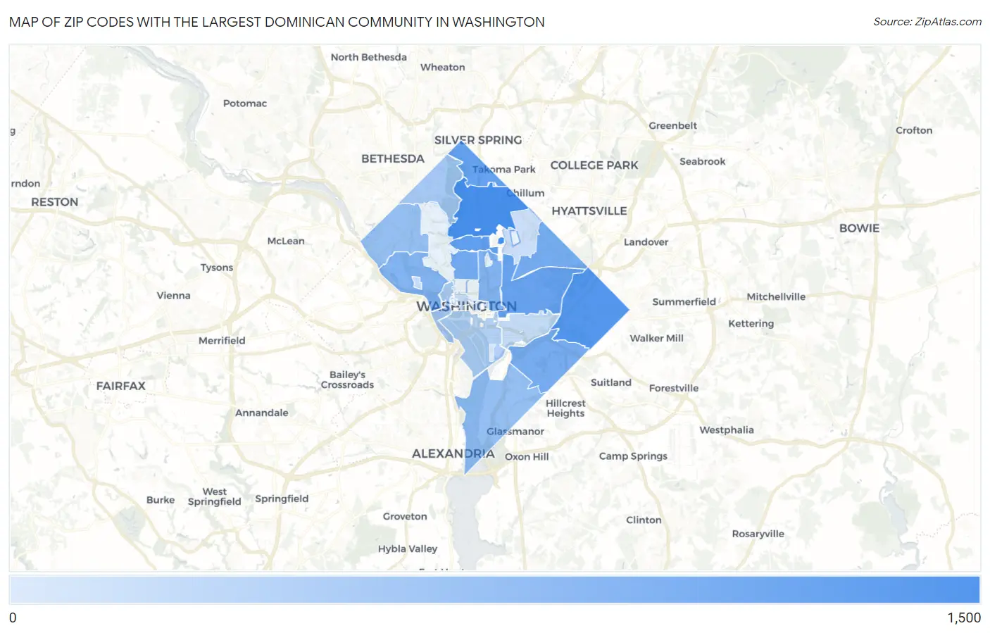 Zip Codes with the Largest Dominican Community in Washington Map