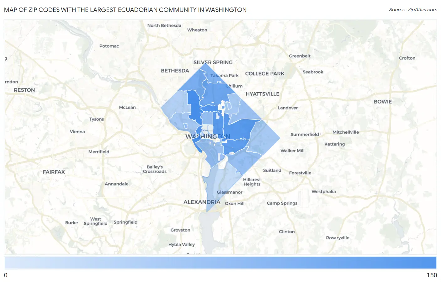 Zip Codes with the Largest Ecuadorian Community in Washington Map