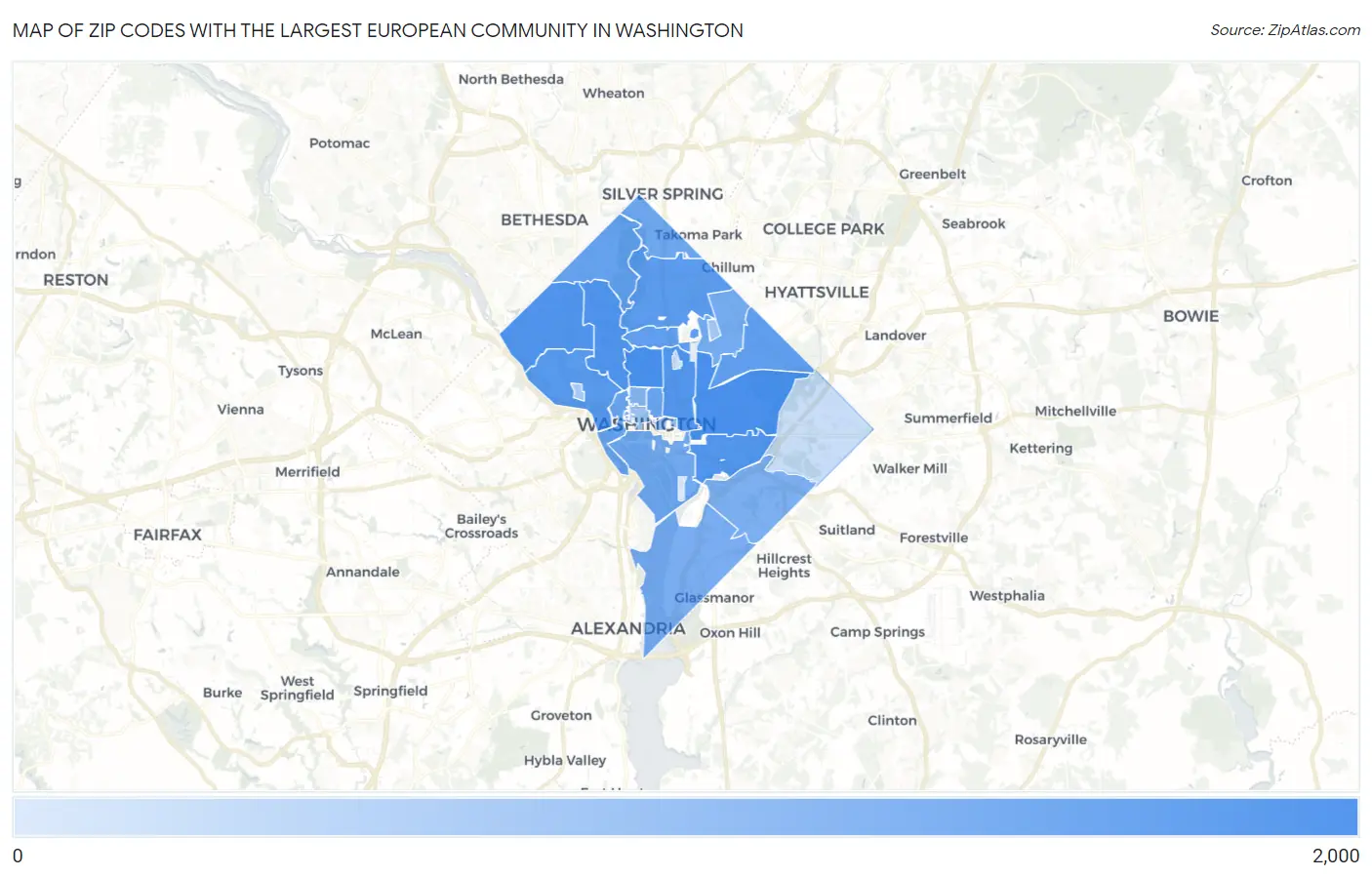 Zip Codes with the Largest European Community in Washington Map