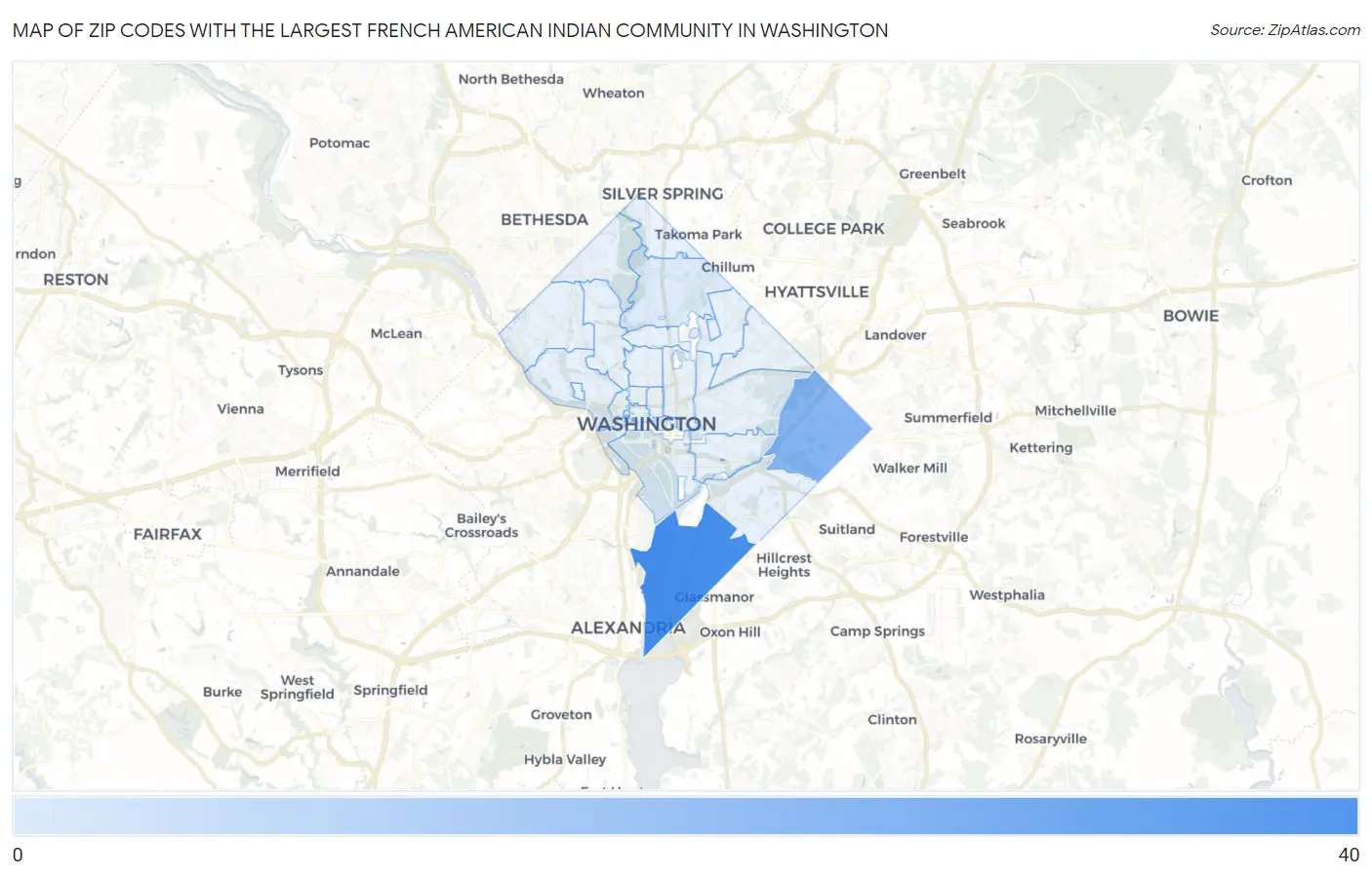 Zip Codes with the Largest French American Indian Community in Washington Map