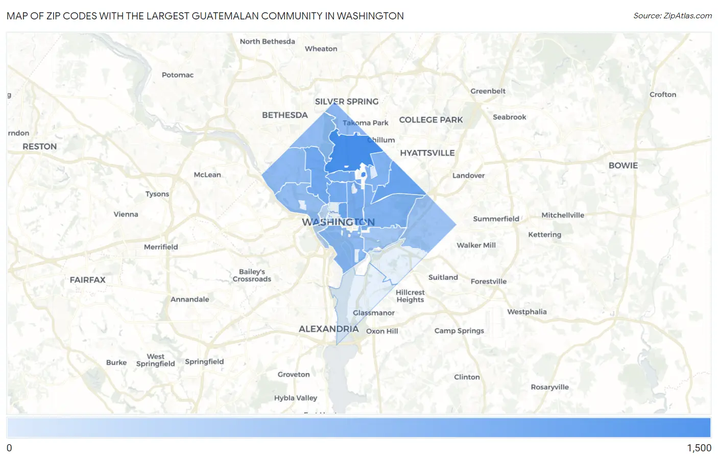 Zip Codes with the Largest Guatemalan Community in Washington Map