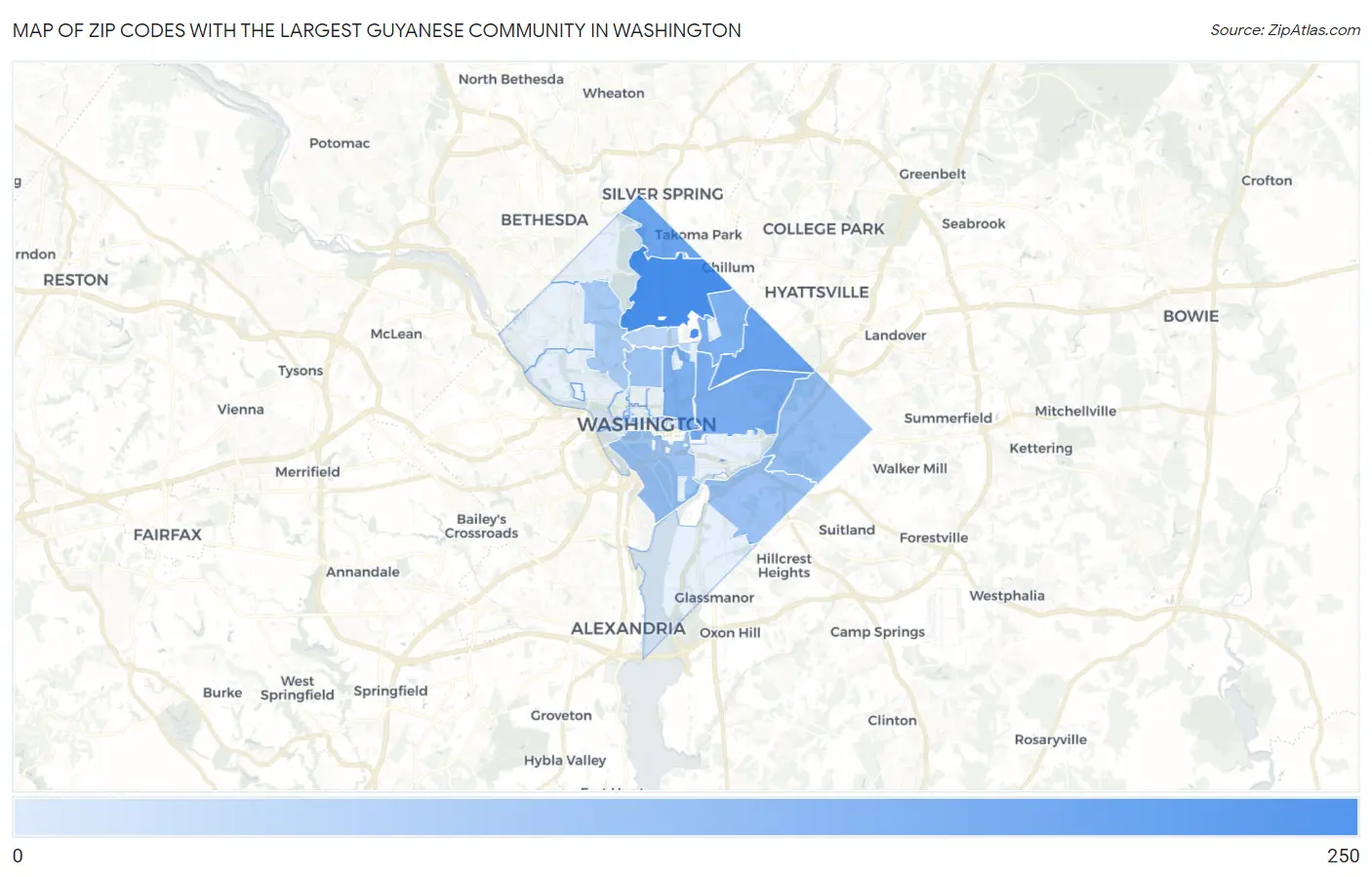 Zip Codes with the Largest Guyanese Community in Washington Map