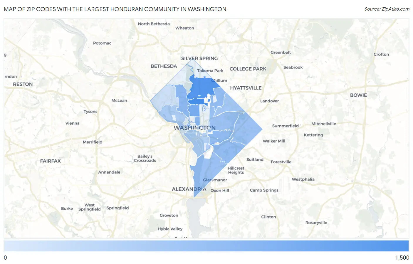 Zip Codes with the Largest Honduran Community in Washington Map