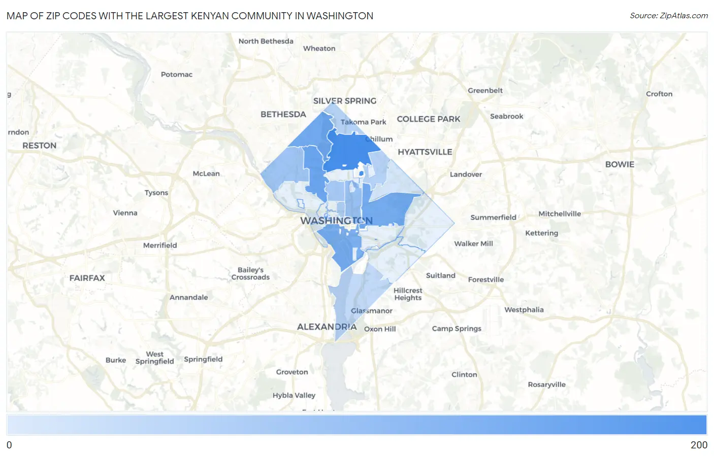 Zip Codes with the Largest Kenyan Community in Washington Map