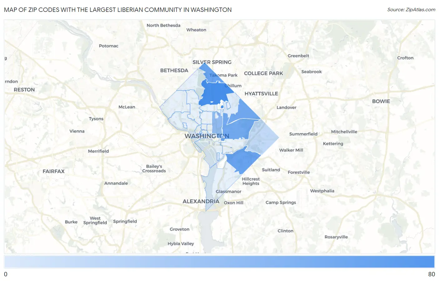 Zip Codes with the Largest Liberian Community in Washington Map