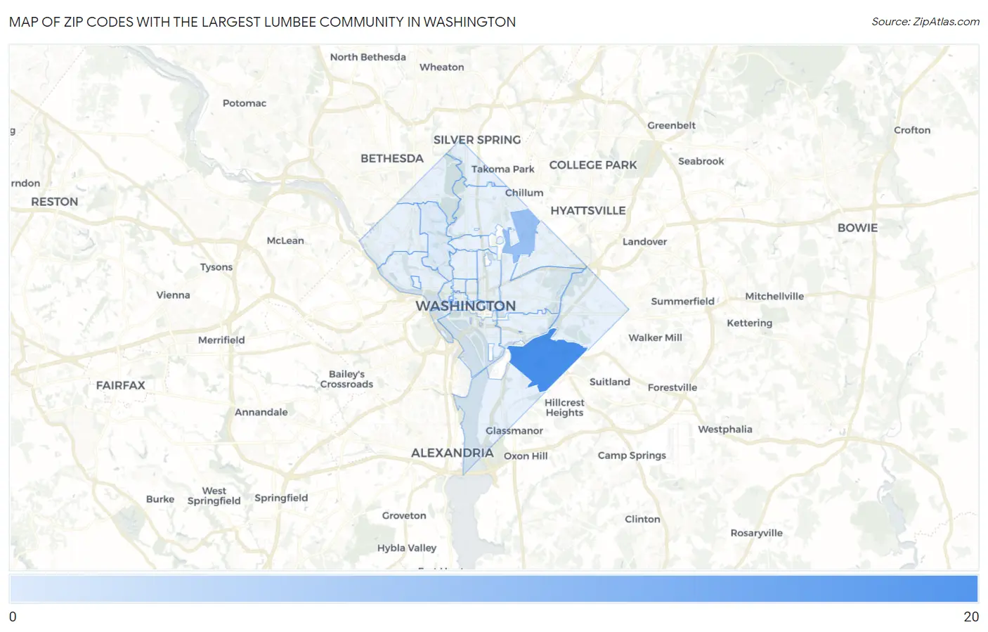 Zip Codes with the Largest Lumbee Community in Washington Map