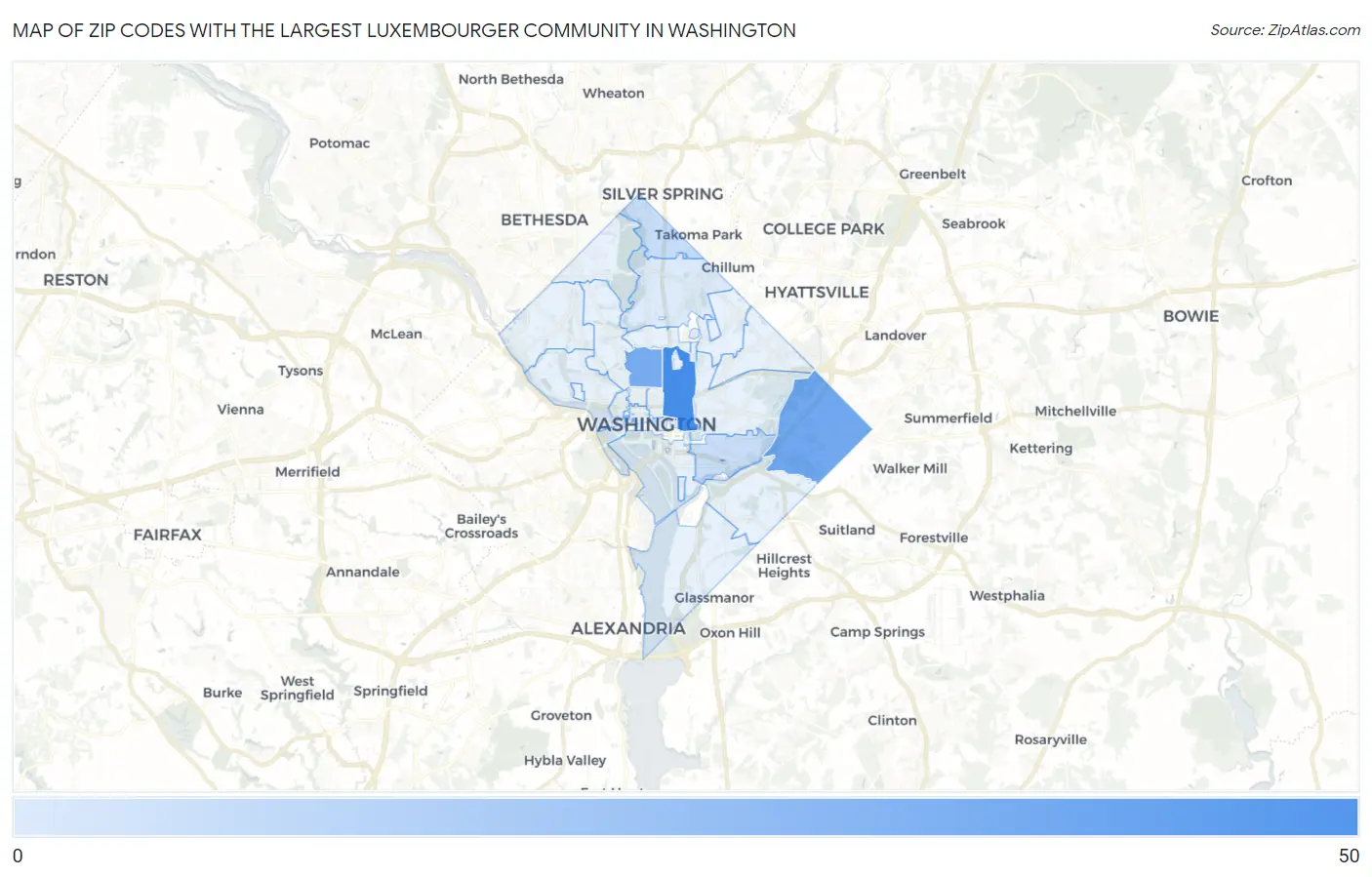 Zip Codes with the Largest Luxembourger Community in Washington Map