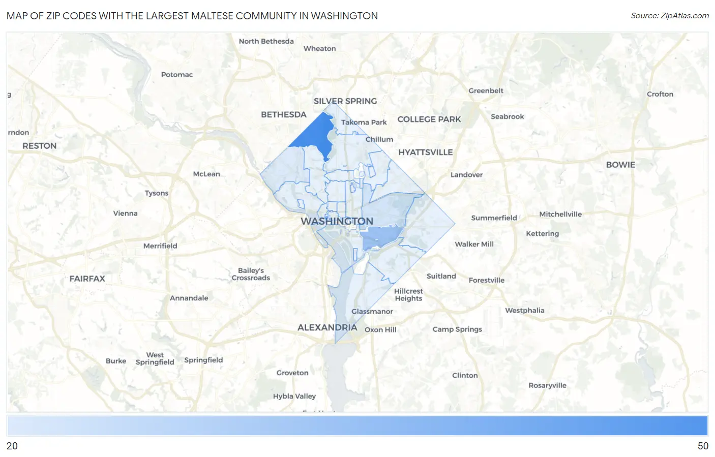 Zip Codes with the Largest Maltese Community in Washington Map