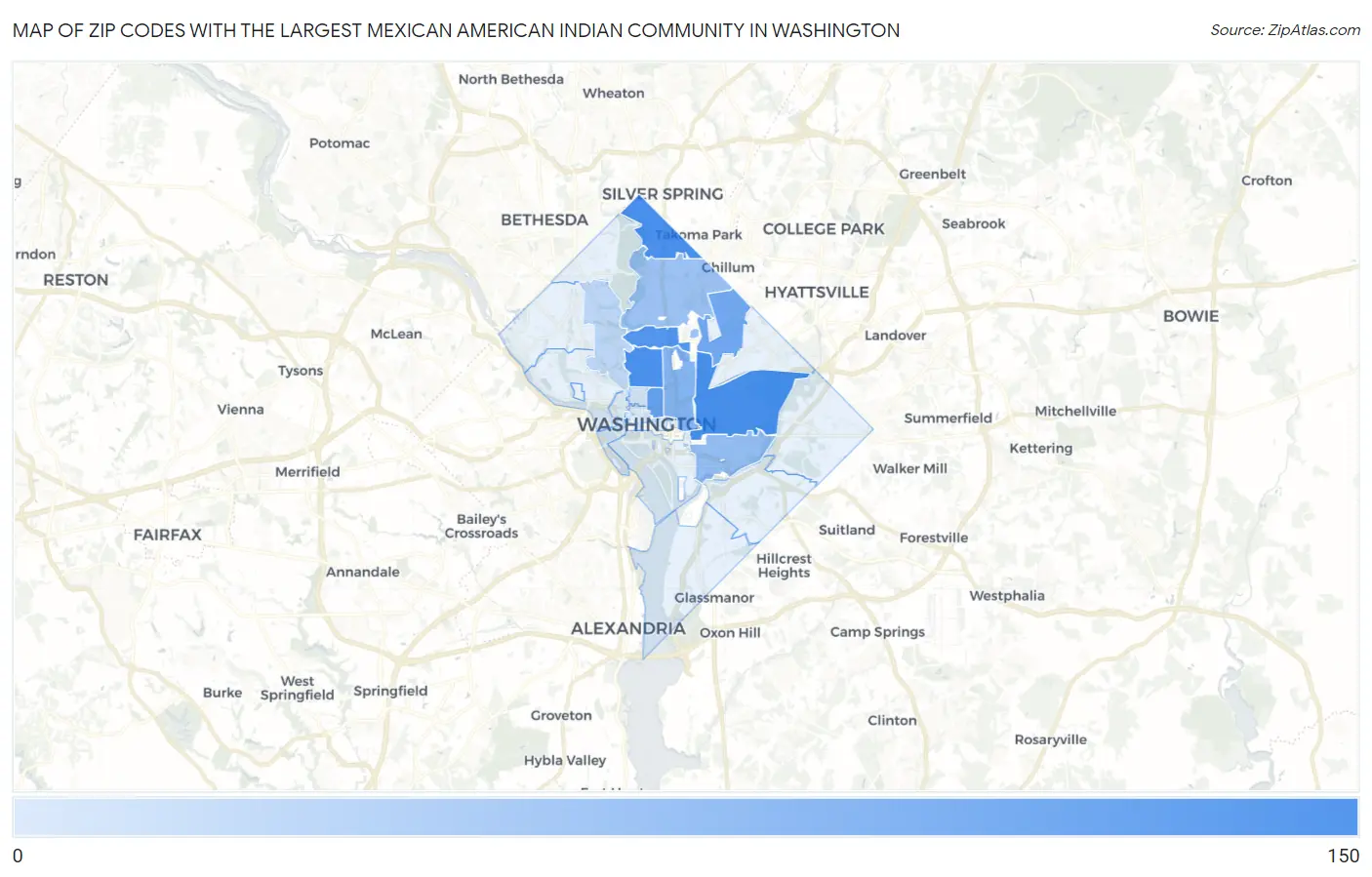 Zip Codes with the Largest Mexican American Indian Community in Washington Map