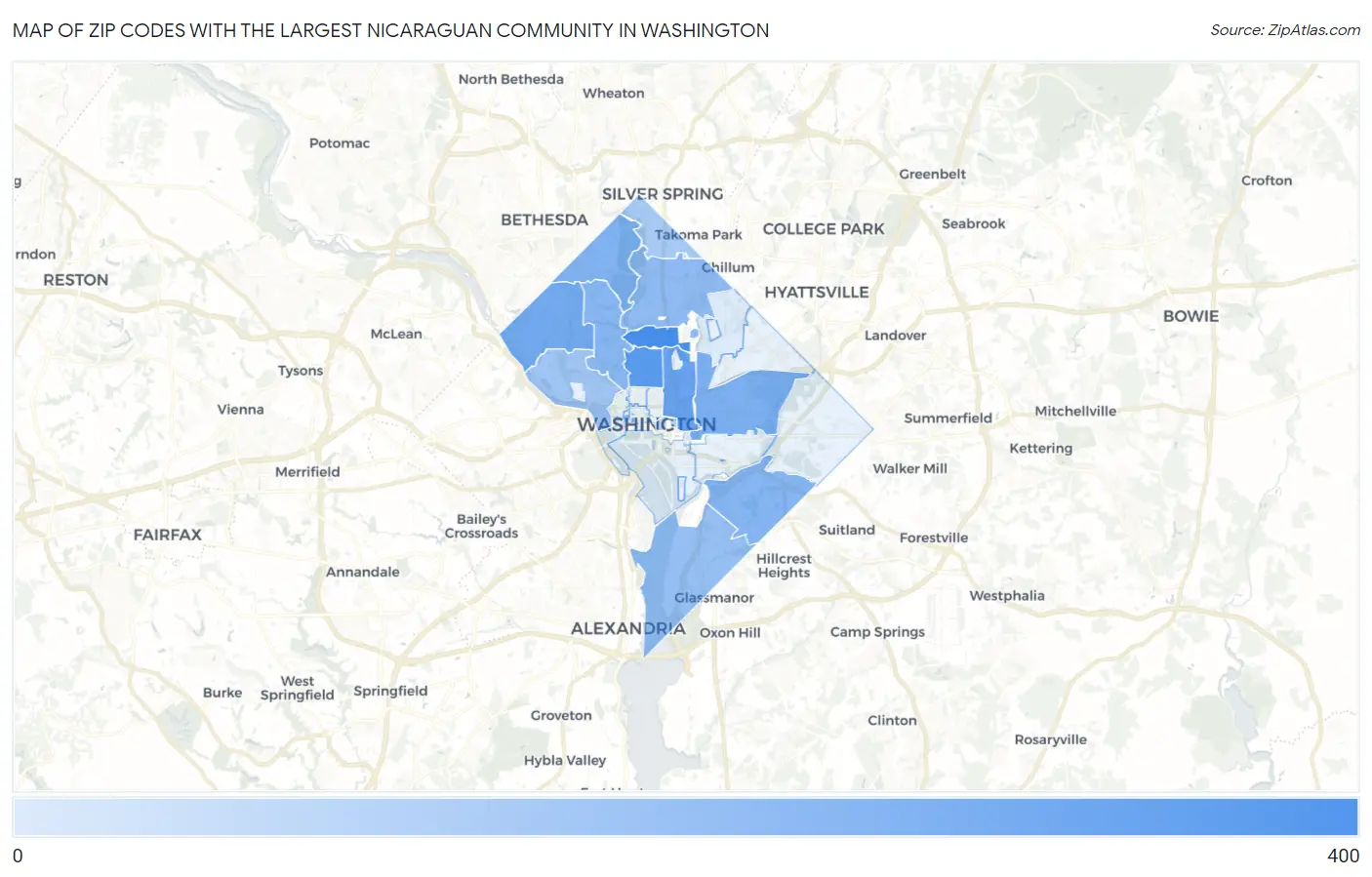 Zip Codes with the Largest Nicaraguan Community in Washington Map