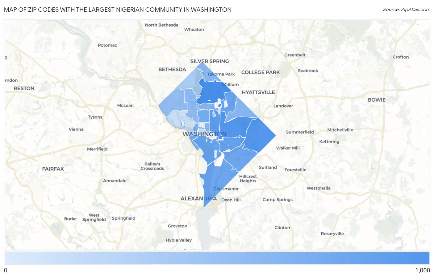 Zip Codes with the Largest Nigerian Community in Washington Map
