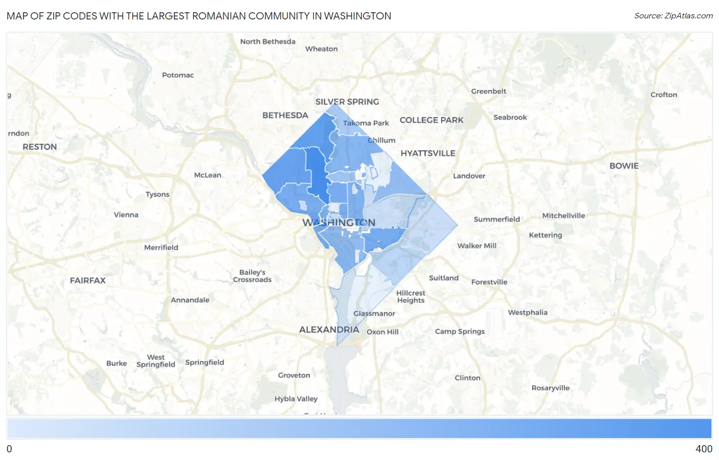 Zip Codes with the Largest Romanian Community in Washington Map