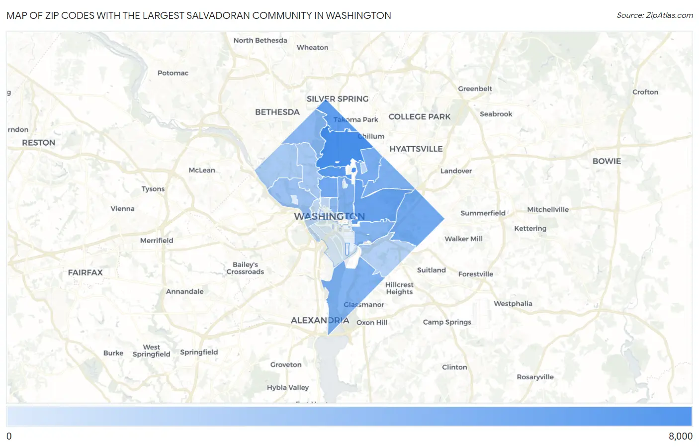 Zip Codes with the Largest Salvadoran Community in Washington Map