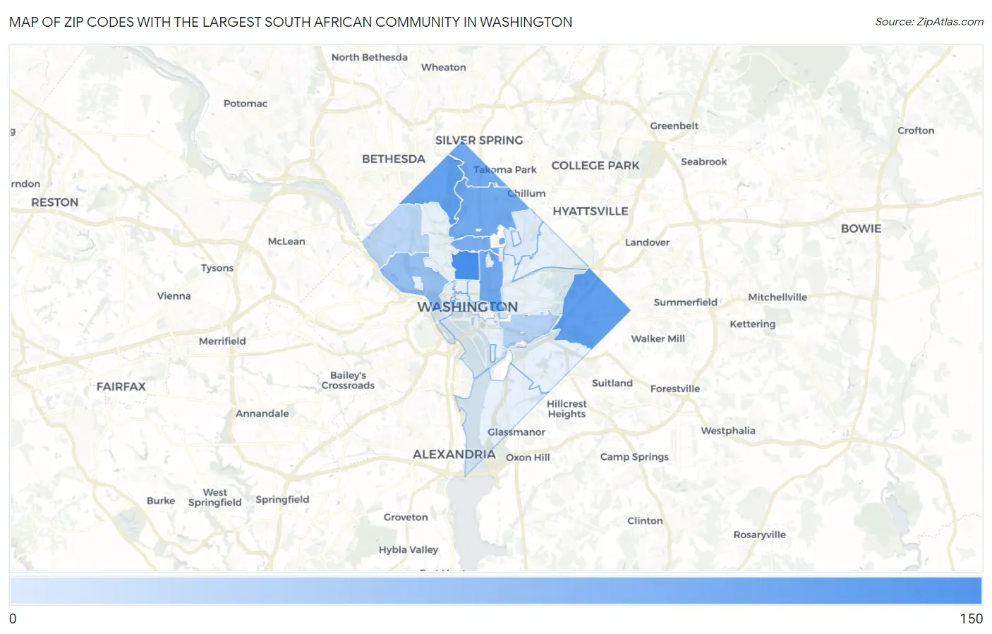 Zip Codes with the Largest South African Community in Washington Map