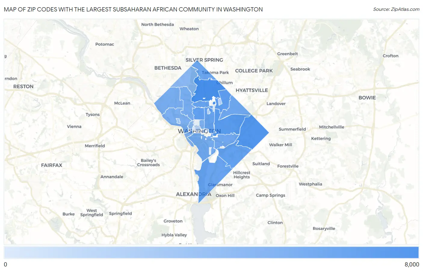 Zip Codes with the Largest Subsaharan African Community in Washington Map